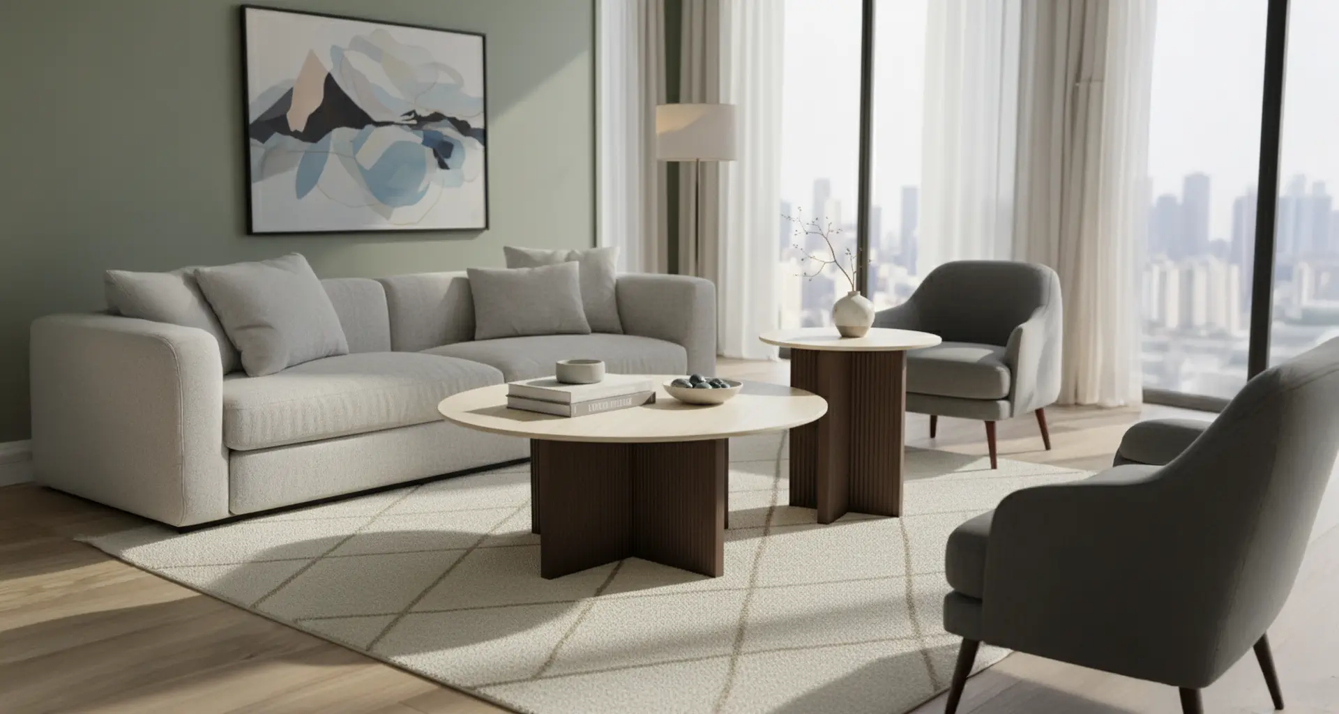 ΣΕΤ 2 Τραπεζιών Σαλονιού (155 & 85 E) – Σύγχρονη Αρμονία με Ραβδωτές Βάσεις