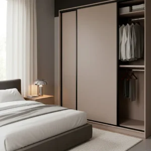 Ντουλάπα W2: Κομψή Σχεδίαση με Συρόμενες Πόρτες σε Απόχρωση Κασμίρ και Μαύρο Πλαίσιο Ντουλάπα W2: Κομψή Σχεδίαση με Συρόμενες Πόρτες σε Απόχρωση Κασμίρ και Μαύρο Πλαίσιο